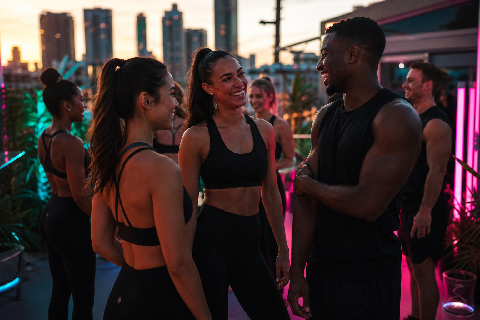 Miami Fit & Social community on a Miami rooftop at golden hour